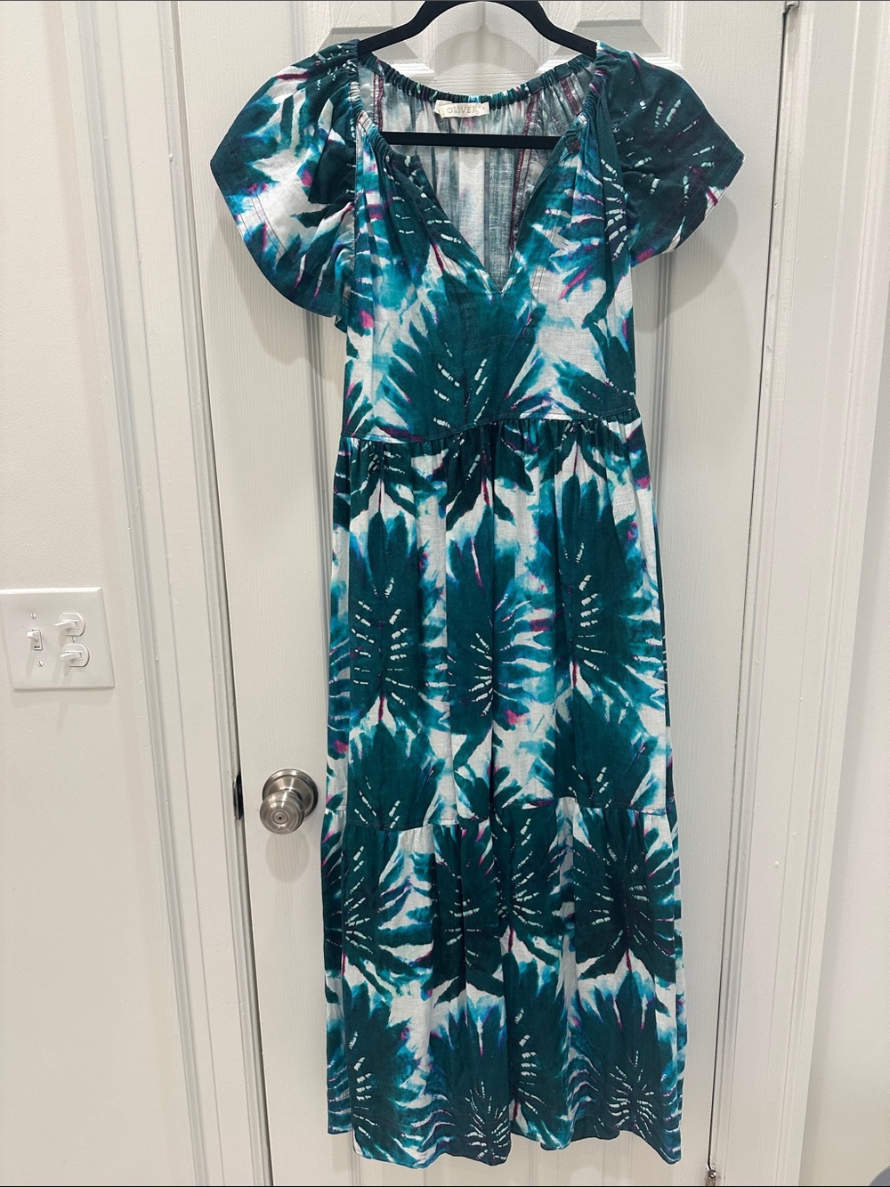 Marie Oliver Kara Dress- teal, green, and white